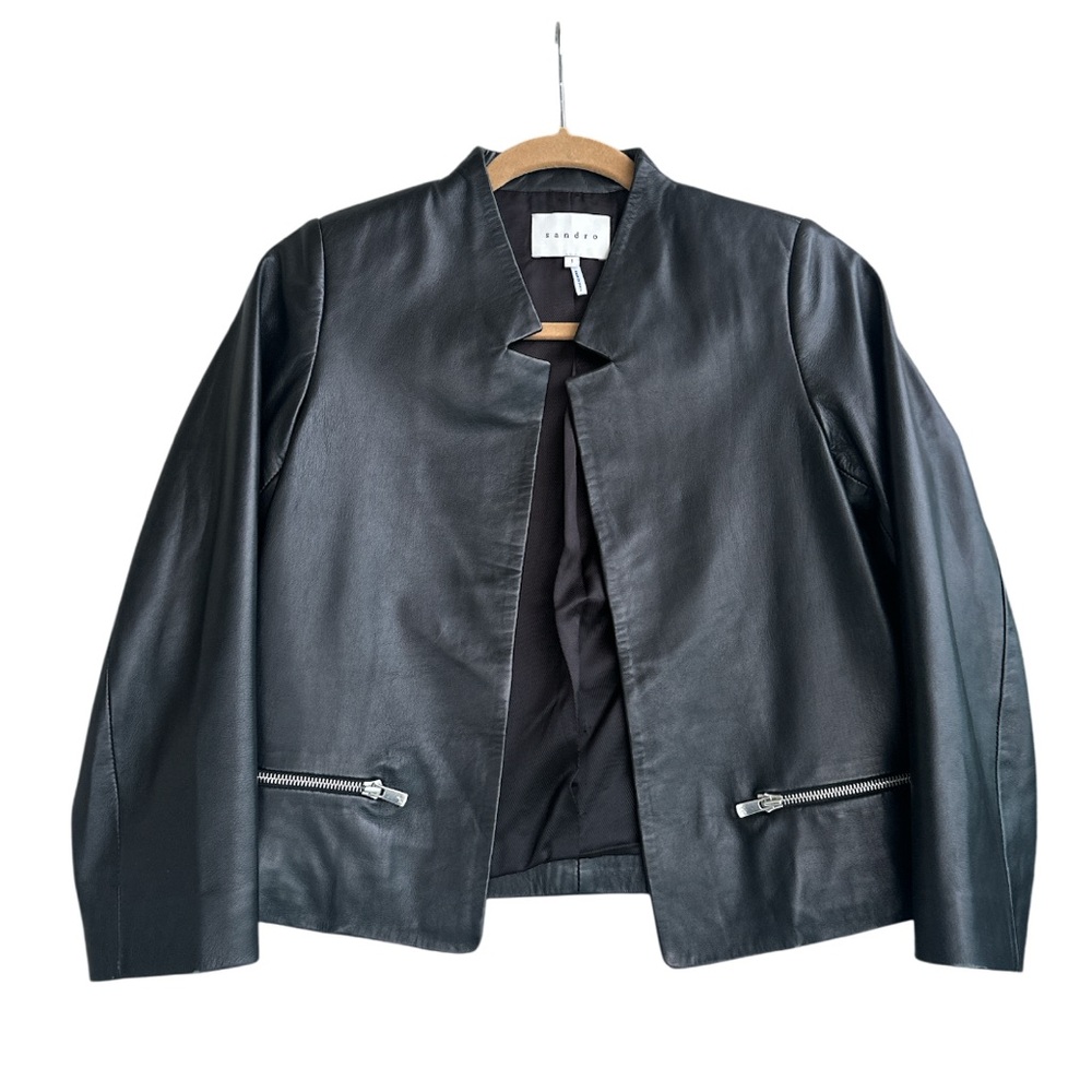 Sandro Women’s Black Leather Jacket/2 pockets with zipper size 1
